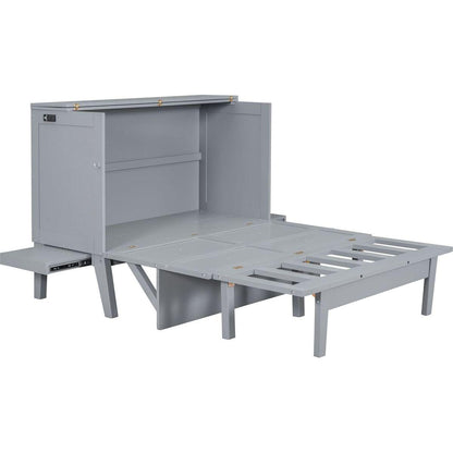 Full Size Murphy Bed with USB Port and removable Shelves on Each Side,Gray