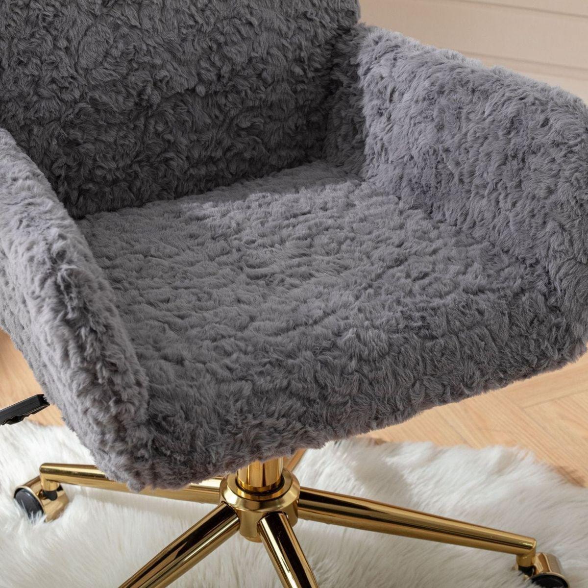 Office Chair,Artificial rabbit hair Home Office Chair with Golden Metal Base,Adjustable Desk Chair Swivel Office Chair,Vanity Chair(Gray)
