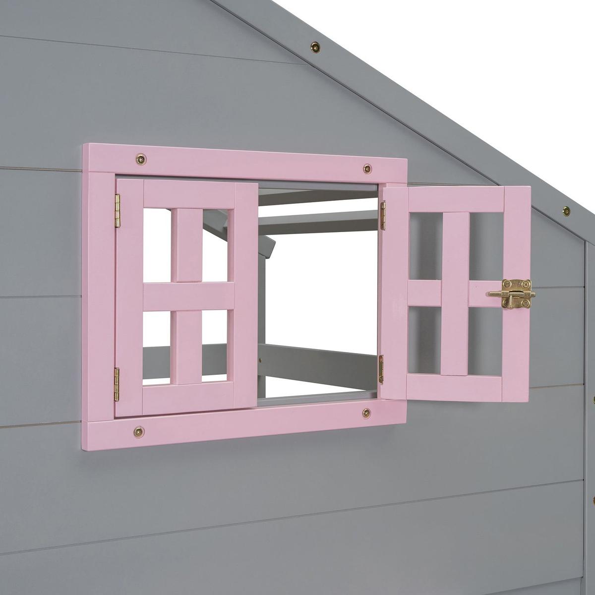 Twin over Twin Bunk Bed with 2 Drawers, 1 Storage Box, 1 Shelf, Window and Roof-Gray