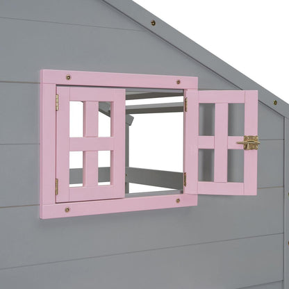 Twin over Twin Bunk Bed with 2 Drawers, 1 Storage Box, 1 Shelf, Window and Roof-Gray