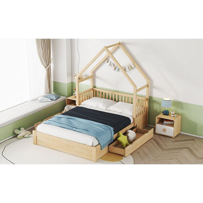 Wood Queen Size House Platform Bed with Guardrail and 2 Drawers, Natural