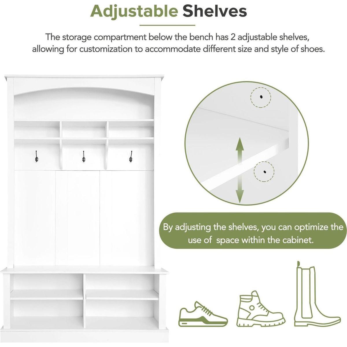 47.2" Wide Hall Tree with Bench and Shoe Storage, Multi-functional Storage Bench with 3 Hanging Hooks & Open Storage Space, Rectangle Storage & Shelves Coat Rack for Hallway, White