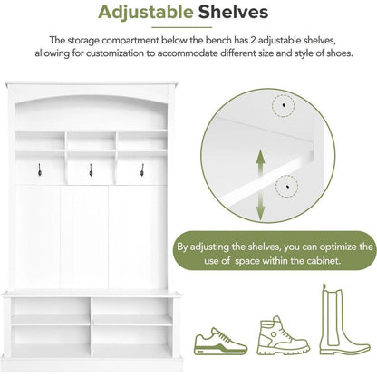 47.2" Wide Hall Tree with Bench and Shoe Storage, Multi-functional Storage Bench with 3 Hanging Hooks & Open Storage Space, Rectangle Storage & Shelves Coat Rack for Hallway, White