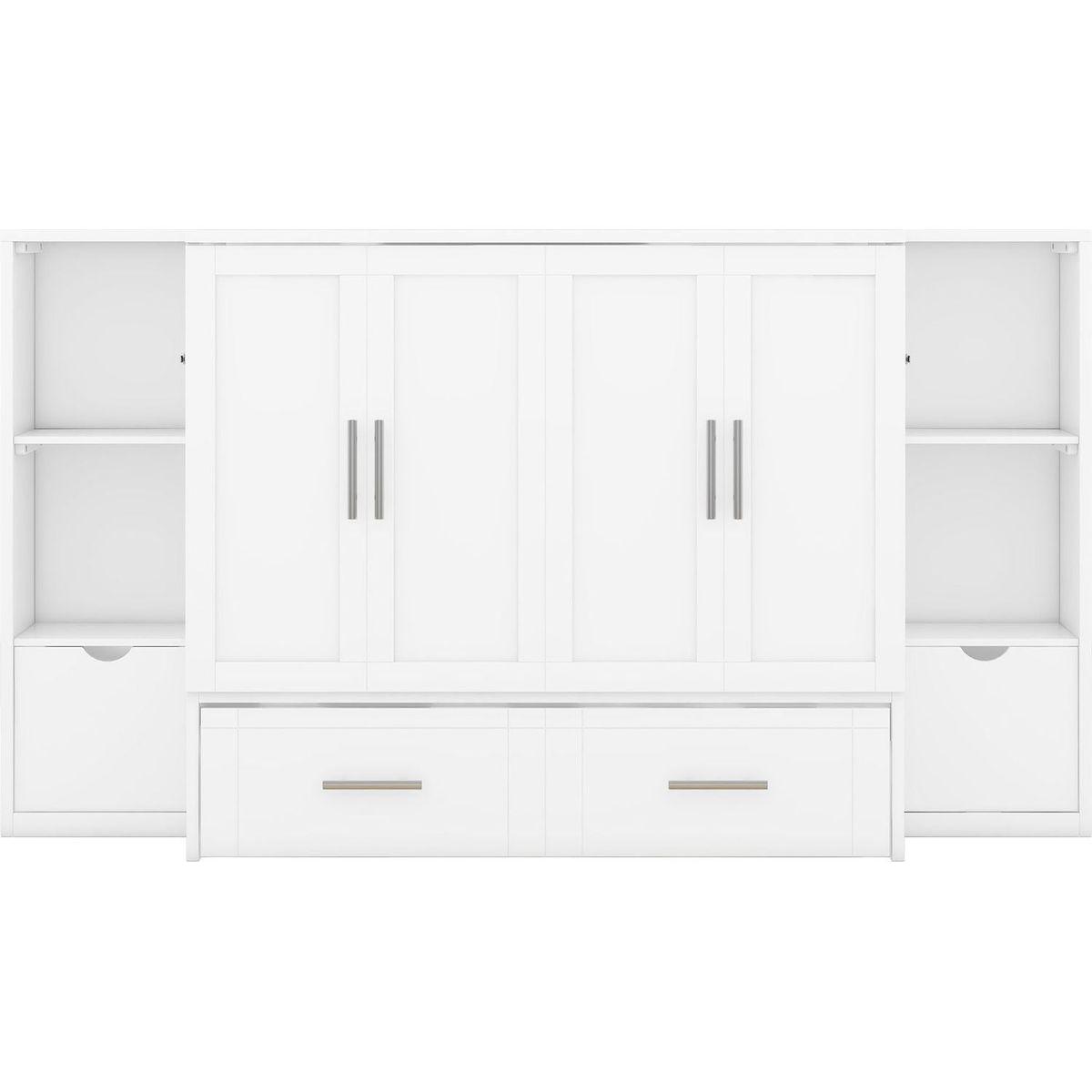 Queen Size Murphy Bed with Shelves, Drawers and USB Ports,White