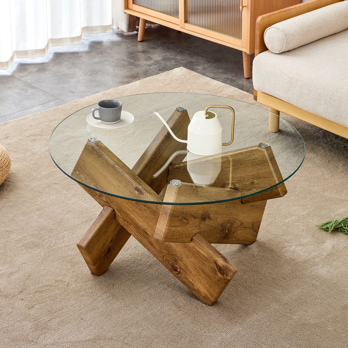Circular glass coffee table, 33.4-inch modern and distinctive design tea table. Tempered glass countertop, wood colored MDF table legs. Suitable for living rooms and farmhouses
