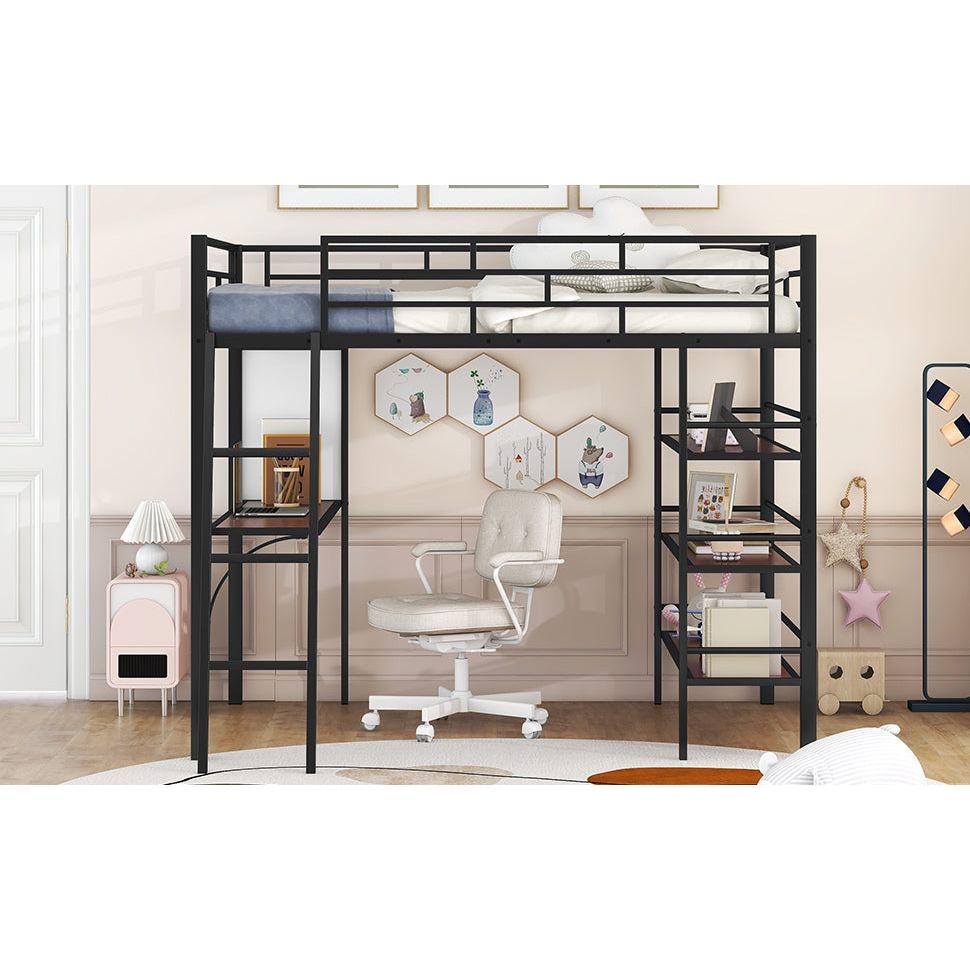 Full Size Loft Metal Bed with 3 Layers of Shelves and Desk, Stylish Metal Frame Bed with Whiteboard, Black