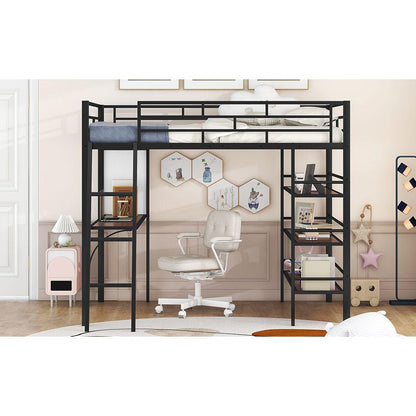 Full Size Loft Metal Bed with 3 Layers of Shelves and Desk, Stylish Metal Frame Bed with Whiteboard, Black