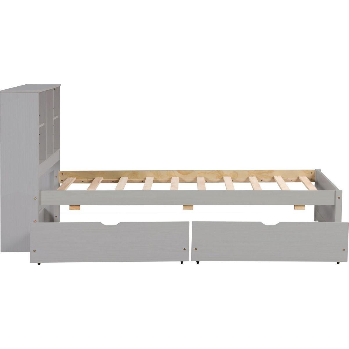 Modern Twin Size Bed Frame With Built-in USB Port on Bookcase Headboard and 2 Drawers for Grey Color