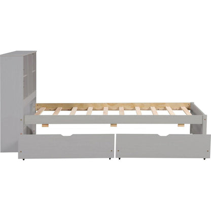 Modern Twin Size Bed Frame With Built-in USB Port on Bookcase Headboard and 2 Drawers for Grey Color