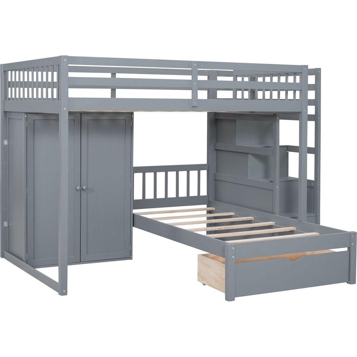 Full Over Twin Bunk Bed with Wardrobe, Drawers, Gray