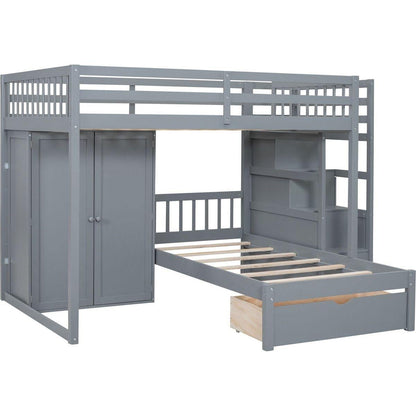 Full Over Twin Bunk Bed with Wardrobe, Drawers, Gray