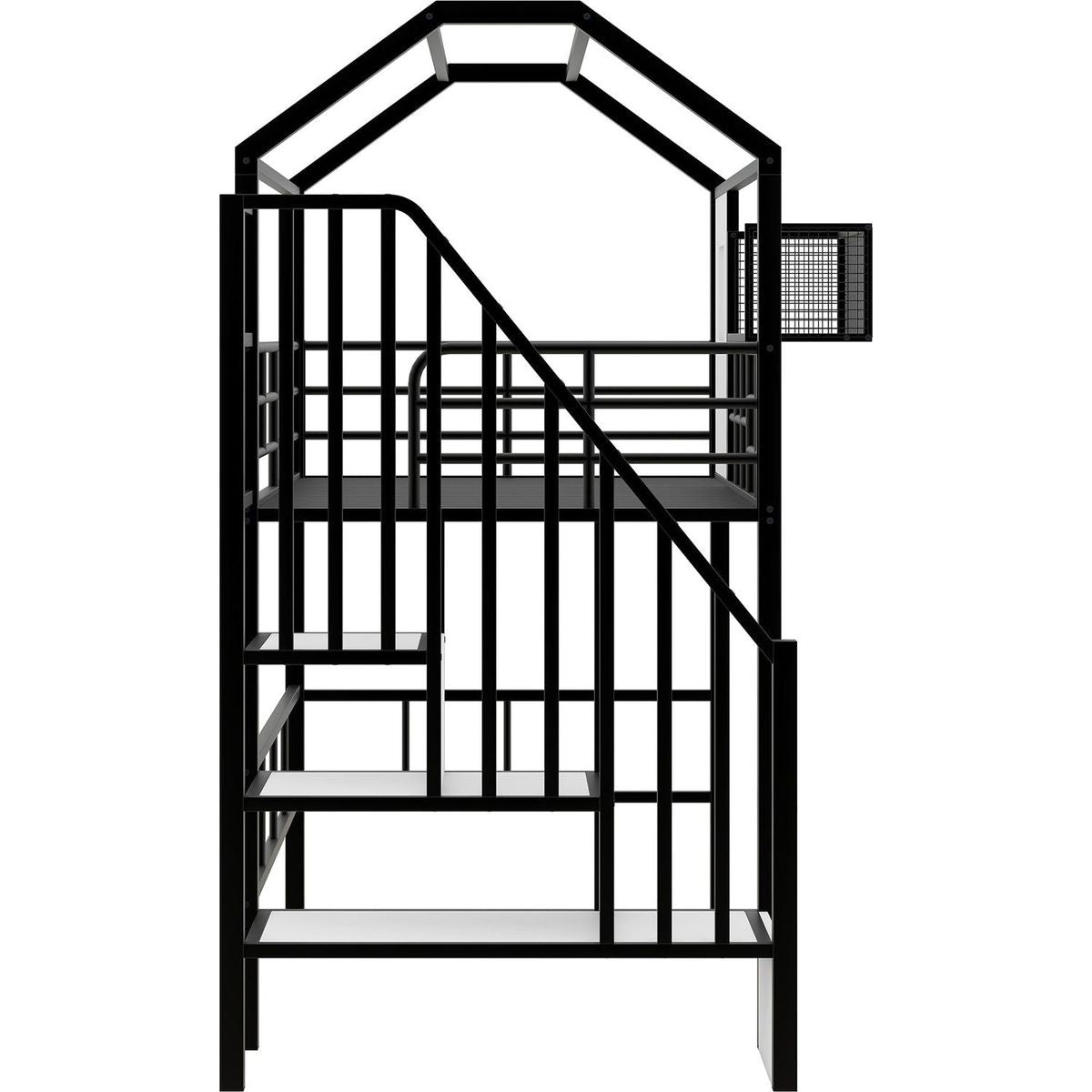 Metal Loft Bed with roof design and a storage box, Twin, Black