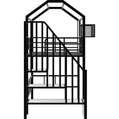 Metal Loft Bed with roof design and a storage box, Twin, Black