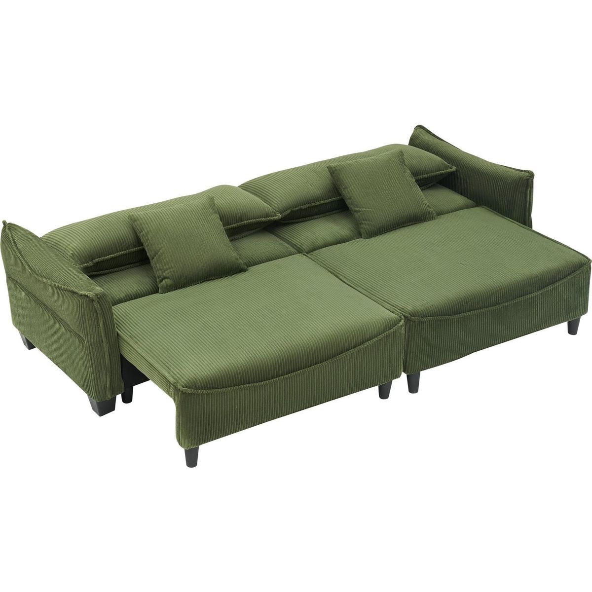 green corduroy fabric, sofa can be converted into a sofa bed with two throw pillows, suitable for living room and other scenes