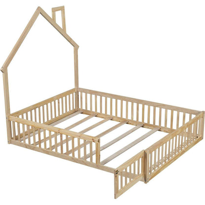Wood Full Size House Platform Bed with Guardrail, Natural