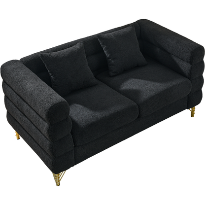 60Inch Oversized 2 Seater Sectional Sofa, Living Room Comfort Fabric Sectional Sofa-Deep Seating Sectional Sofa, Soft Sitting with 2 Pillows for Living Room, Bedroom, Office, Black teddy