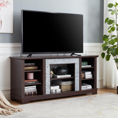 TV Media Stand with with Faux Stacked Stone Surround, Modern Entertainment Console with Open Storage Space, Cherry, 58.31"Wx15.39"Dx26.06"H