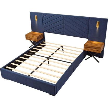 Queen Size Velvet Bed Frame/Vertical Channel Tufted Wingback Headboard/Upholstered Platform Bed/Strong Wooden Slats/No Box Spring Needed/Easy AssemblyRoyal blue