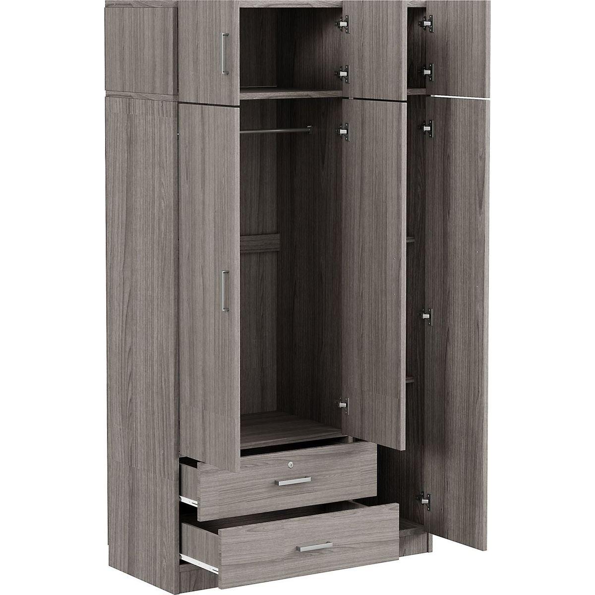 3-Door Mirror Wardrobe with 2 Drawers and Top Cabinet,Gray