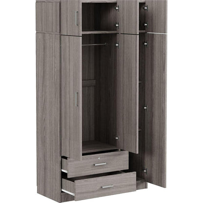 3-Door Mirror Wardrobe with 2 Drawers and Top Cabinet,Gray