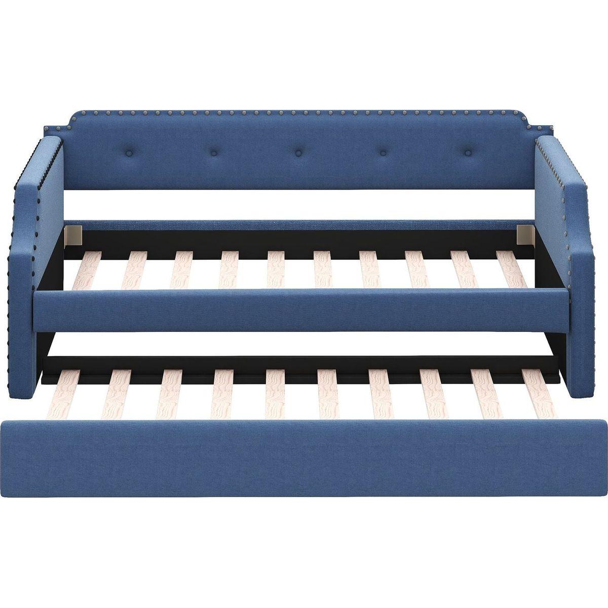Upholstered Daybed with Trundle, Wood Slat Support,Upholstered Frame Sofa Bed, Twin,Blue