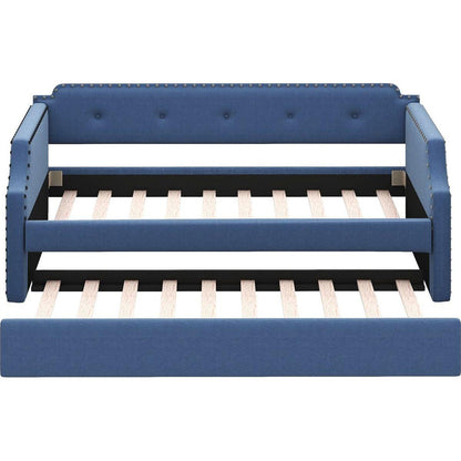 Upholstered Daybed with Trundle, Wood Slat Support,Upholstered Frame Sofa Bed, Twin,Blue