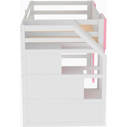 Twin Size Loft Bed with Storage Staircase and Window, Pink