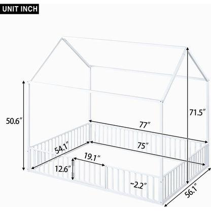 Full Size Metal House Bed with Fence and Door, White