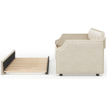 Upholstered Daybed with Trundle, Wood Slat Support,Upholstered Frame Sofa Bed, Twin, Beige