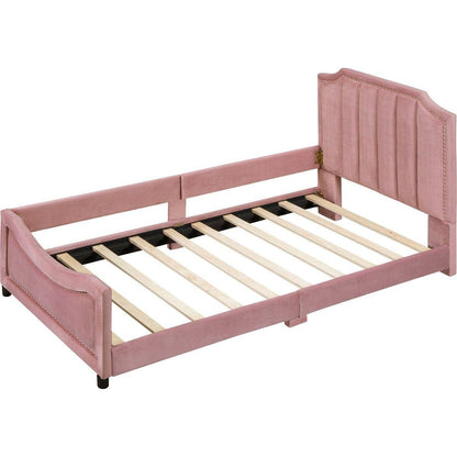 Twin Size Upholstered Daybed with Classic Stripe Shaped Headboard, Pink