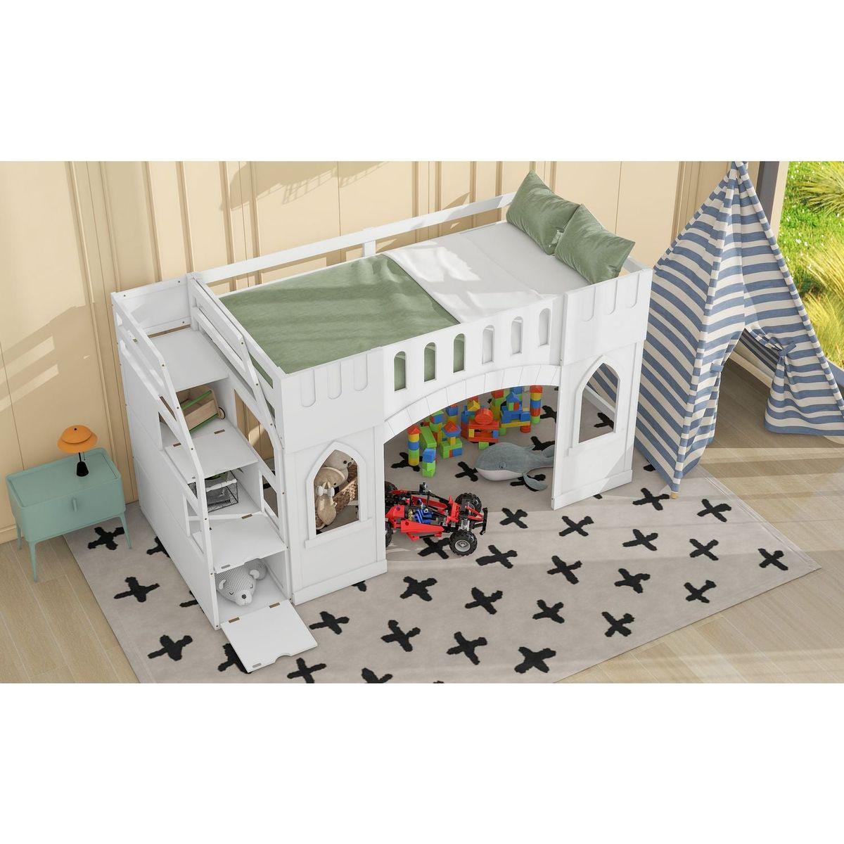 Twin Size Loft Bed with Storage Staircase and Window, White