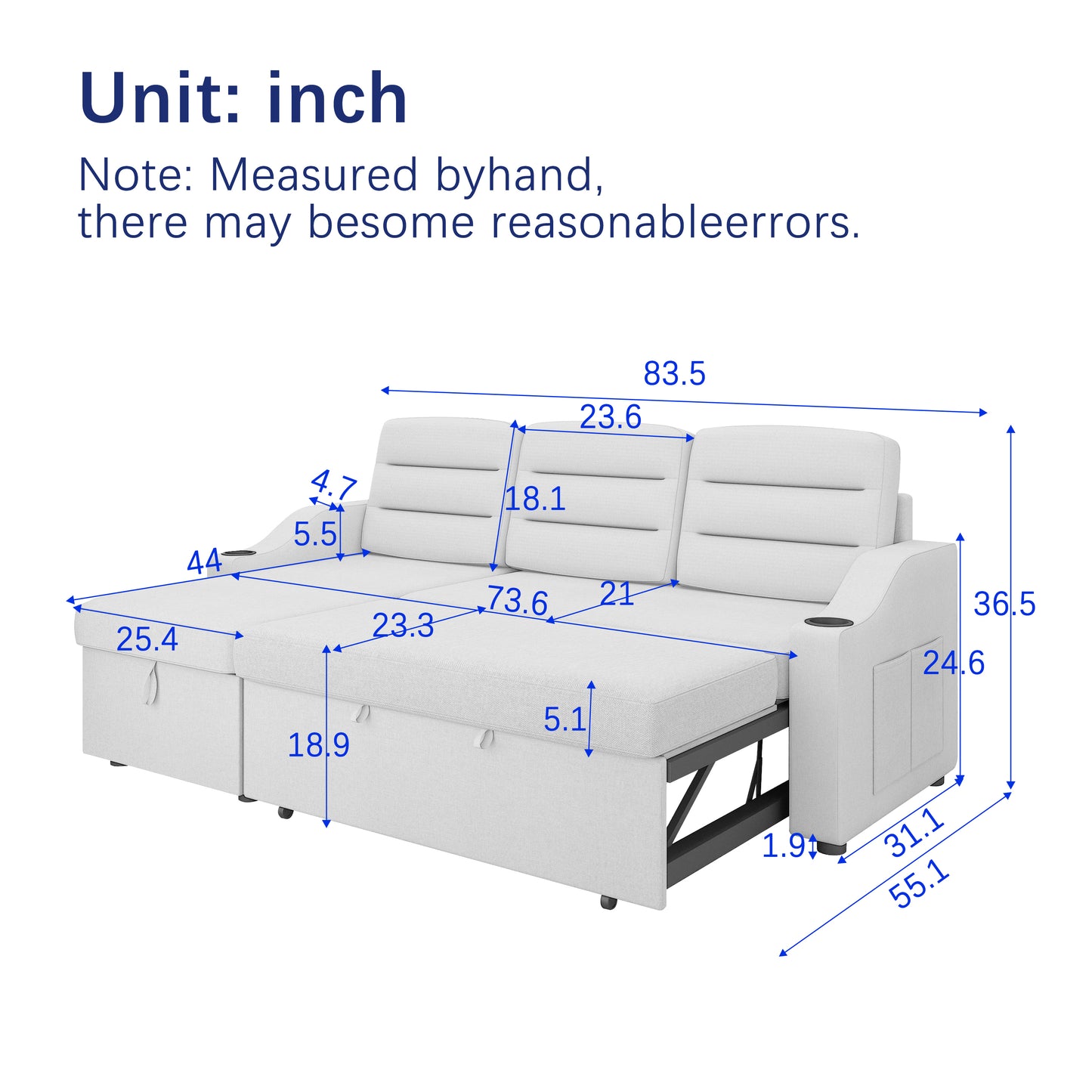 83.5" Convertible Sleeper Combo Sofa, Convertible Sofa Bed Polyester Pullout Bed with Storage Recliner and Cup Holder for Living Room, Tight Spaces