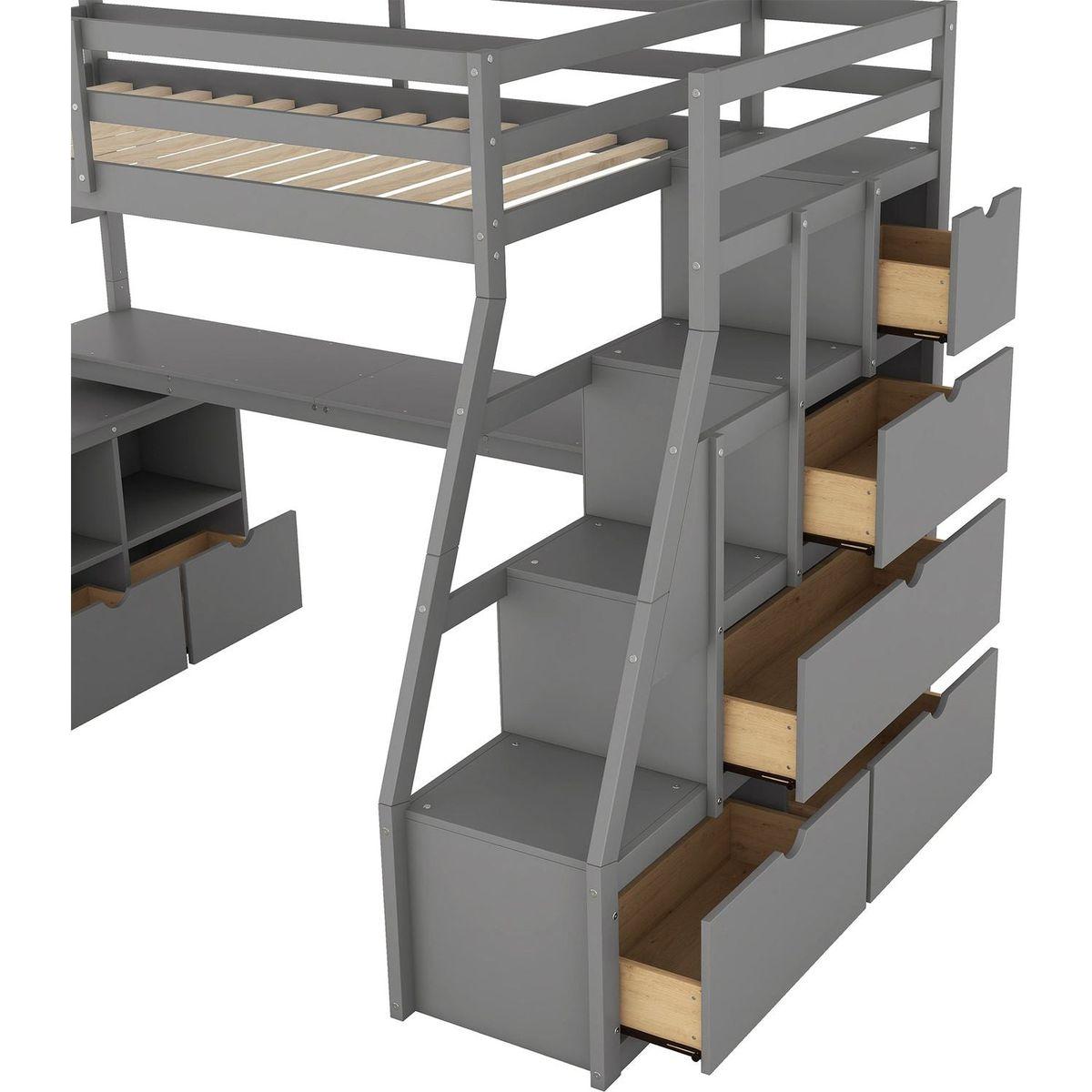 Twin Size Loft Bed with 7 Drawers 2 Shelves and Desk - Gray