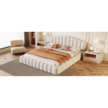 Velvet Upholstered Queen BED Frame Shell-Shaped Headboard for Bedroom,No Box Spring Needed,Beige