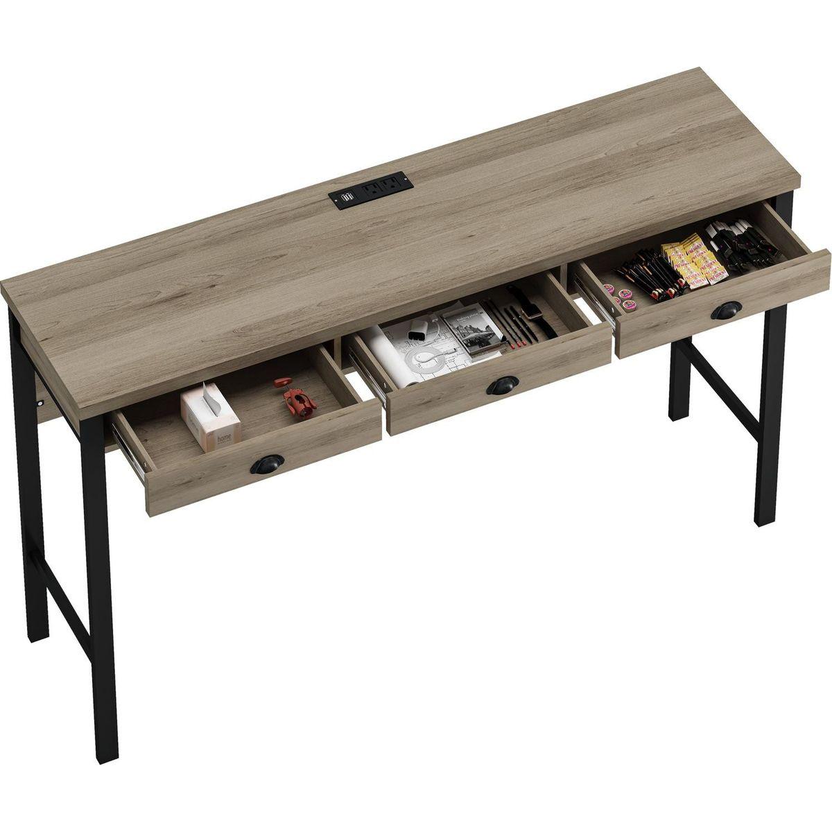 3-Drawer Long Dining Table Set with Power Outlets, Bar Kitchen Table Set with Circular PU Stools, Easy Assemble, Brown Gray Table+Black Stool