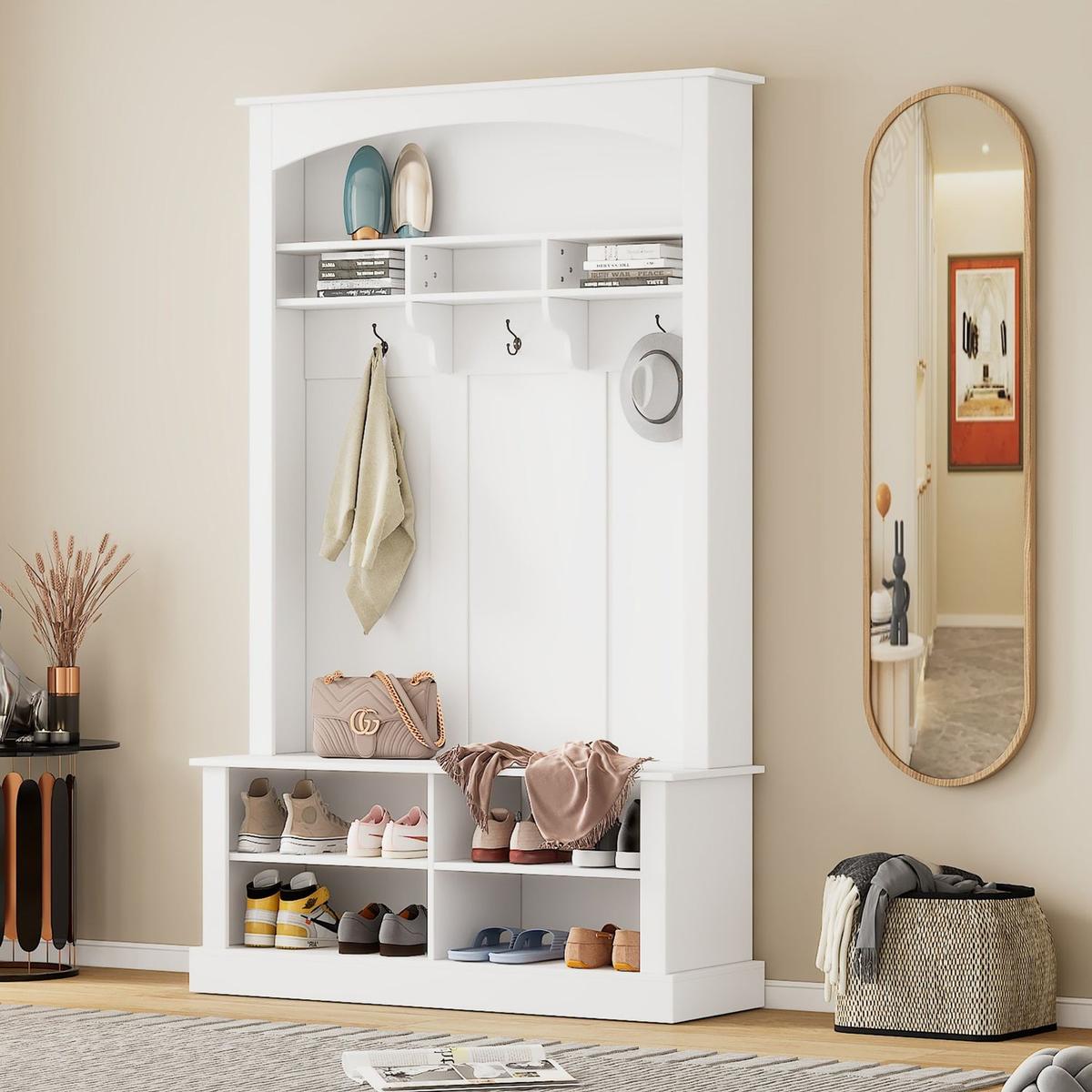 47.2" Wide Hall Tree with Bench and Shoe Storage, Multi-functional Storage Bench with 3 Hanging Hooks & Open Storage Space, Rectangle Storage & Shelves Coat Rack for Hallway, White