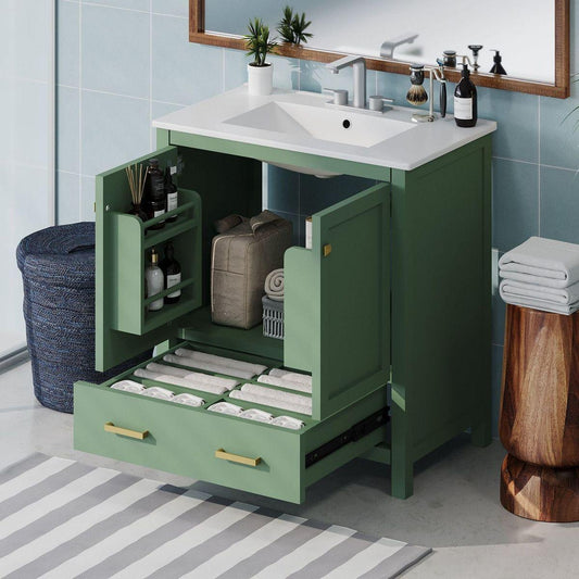 30 Inch Green Bathroom Vanity with Single Sink, Combination Under Counter Sink, Bathroom Storage Cabinet with 2 Doors and a Drawer, Soft Closure, Multifunctional Storage(WF324043)