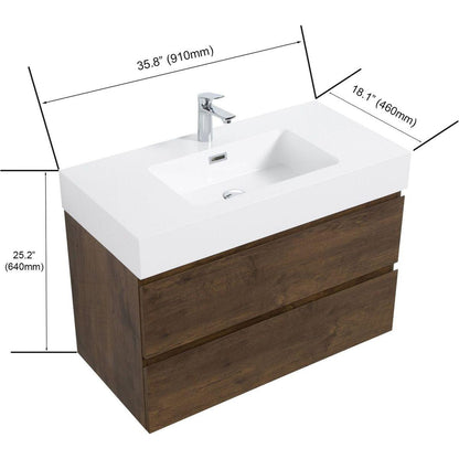 Alice 36" Walnut Bathroom Vanity with Sink, Large Storage Wall Mounted Floating Bathroom Vanity for Modern Bathroom, One-Piece White Sink Basin without Drain and Faucet