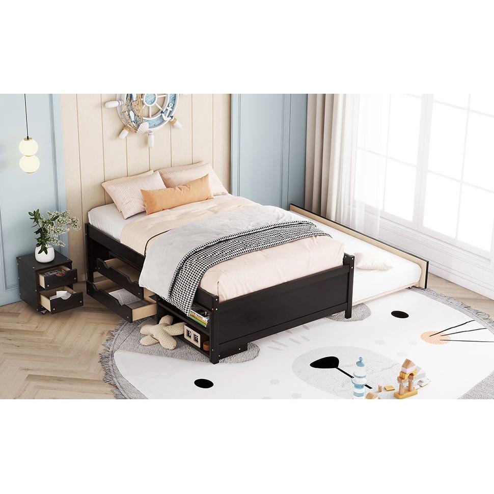 Versatile Full Bed with Trundle,Under bed Storage Box and Nightstand .Espresso