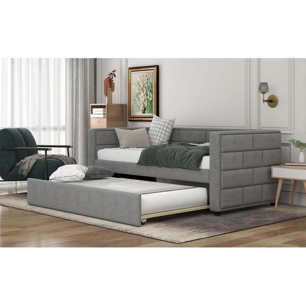 Twin Size Daybed with Trundle, Upholstered Daybed with Padded Back, Gray