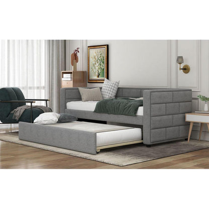 Twin Size Daybed with Trundle, Upholstered Daybed with Padded Back, Gray