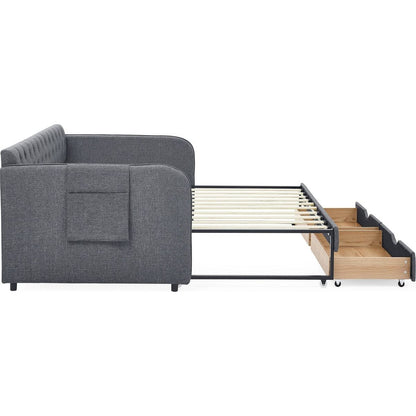 Twin Size Upholstery Daybed with Trundle Bed and Two Storage Drawers, Flat Arms with Pocket, Extendable Daybed for Bedroom Living Room,Linen Dark Gray