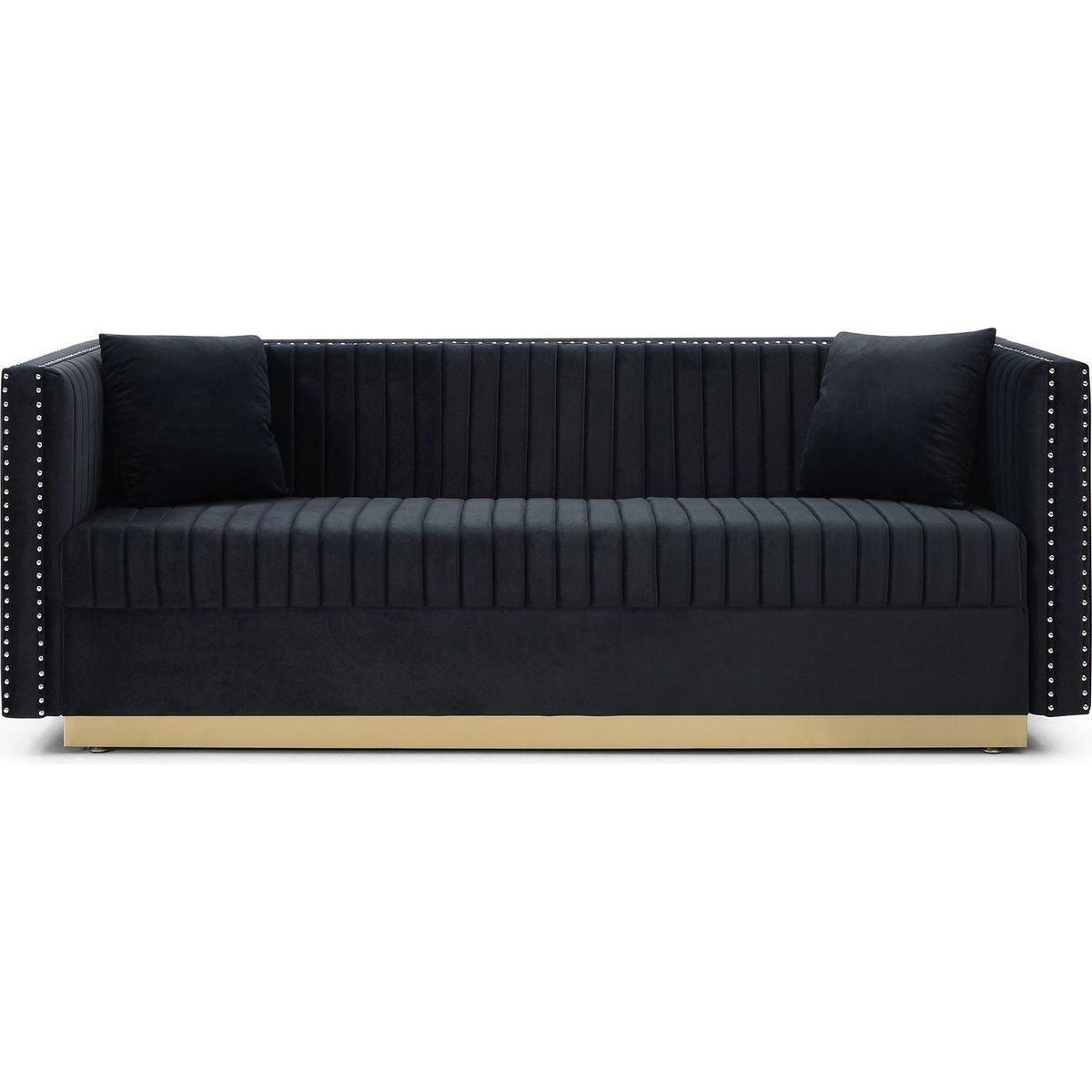 Contemporary Vertical Channel Tufted Velvet Sofa Modern Upholstered Couch for Living Room Apartment with 2 pillows,Black