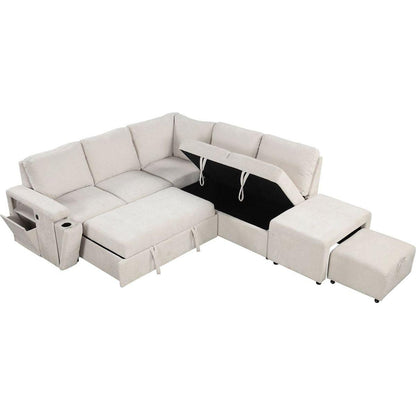 L-shaped Padded Modular Sofa with Storage Space, USB Ports, and Cup Holders on the Armrests, Suitable for Living Rooms, Offices, and Apartments.