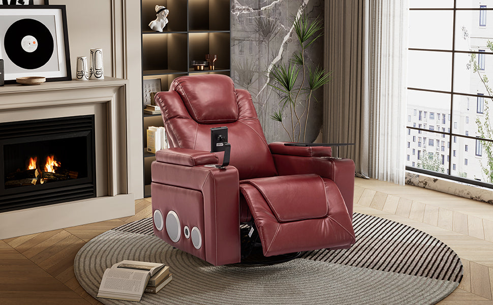 270 Degree Swivel PU Leather Power Recliner Individual Seat Home Theater Recliner with Surround Sound, Cup Holder, Removable Tray Table, Hidden Arm Storage for Living Room, Red