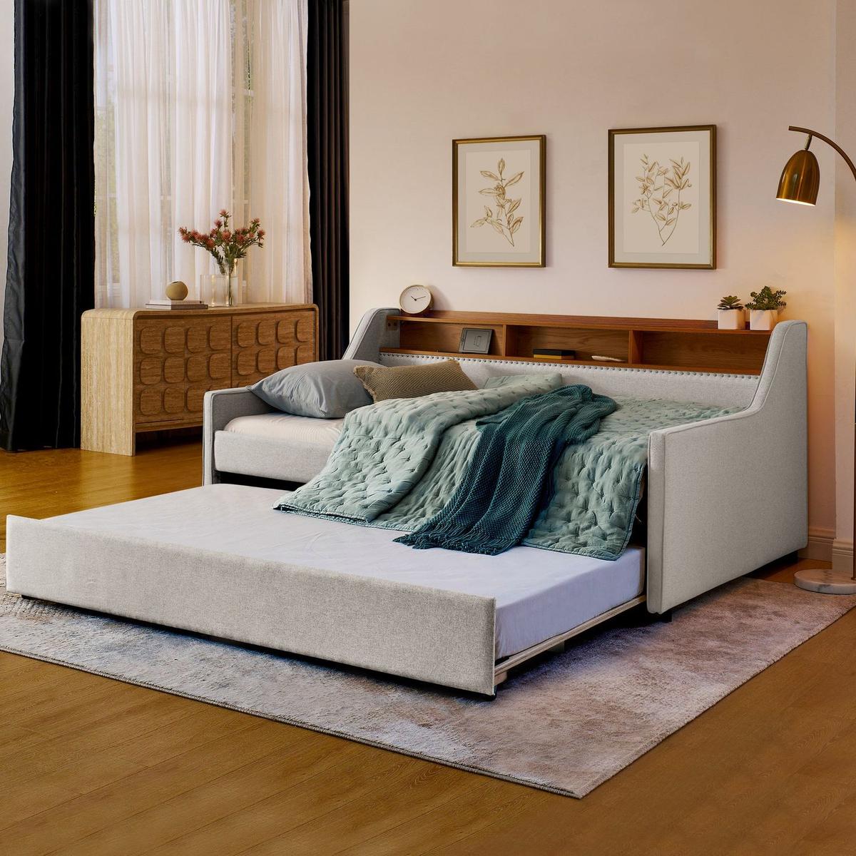 Twin Size Upholstery Sofa Bed with Three LED lights, with Storage Adjustable Headboard, with Foldable Leg Pull up Trundle Bed and Wireless Charging, Linen Padded Sofa Bed frame, Beige