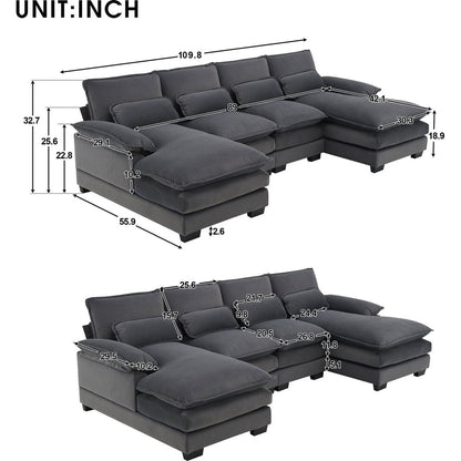 109.8x55.9" Modern U-shaped Sectional Sofa with Waist Pillows,6-seat Upholstered Symmetrical Sofa Furniture,Sleeper Sofa Couch with Chaise Lounge for Living Room,Apartment,2 Color