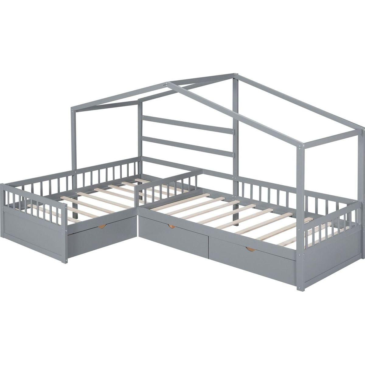 Twin Size House Platform Bed with Three Storage Drawers,Gray