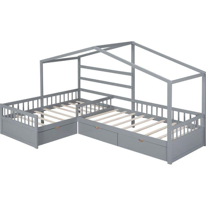Twin Size House Platform Bed with Three Storage Drawers,Gray