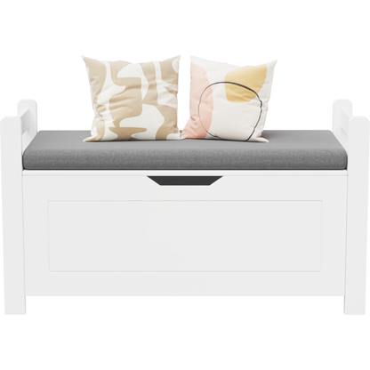 Kids Toy Box Chest, White Rubber Wood Toy Box for Boys Girls, Large Storage Cabinet with Cushion Seat Bench/Flip-Top Lid/Safety Hinge, Toy Storage Organizer Trunk for Nursery, Playroom